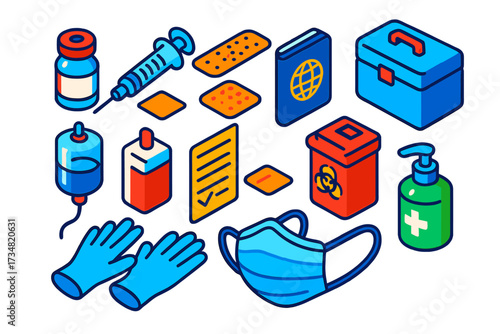 Vaccination Icon Set. Isometric vector illustration set Vaccination and treatment: vaccine vial, syringe, alcohol swab, adhesive