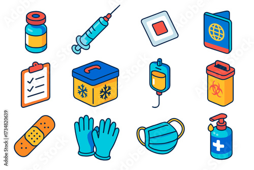Vaccination Icon Set. Isometric vector illustration set Vaccination and treatment: vaccine vial, syringe, alcohol swab, adhesive