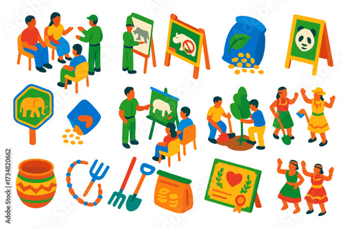Community Conservation Illustrations. Isometric vector illustration set Community conservation: village meeting, ranger training,