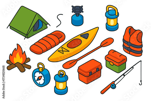 Kayak Camping Icons Set. Isometric vector illustration set Kayak camping: waterproof tent, dry sleeping bag, camp stove, driftwood