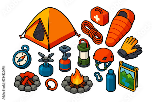 Mountain Camping Icons. Isometric vector illustration set Mountain camping: high-altitude tent, mummy-style sleeping bag,