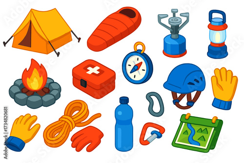 Mountain Camping Icons. Isometric vector illustration set Mountain camping: high-altitude tent, mummy-style sleeping bag,