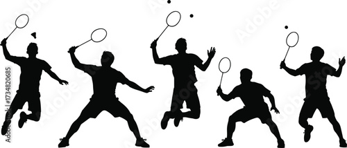 "Black Silhouette Vector Set of Dynamic Badminton Players in Action Poses with Rackets and Shuttlecocks for Sports and Fitness Design"