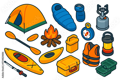 Kayak Camping Icons Set. Isometric vector illustration set Kayak camping: waterproof tent, dry sleeping bag, camp stove, driftwood