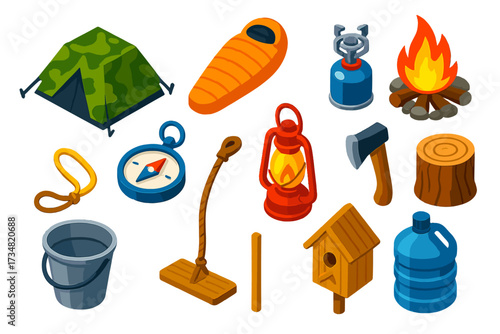 Forest Camping Icons. Isometric vector illustration set Forest camping: camo tent, mummy sleeping bag, camp stove, forest campfire