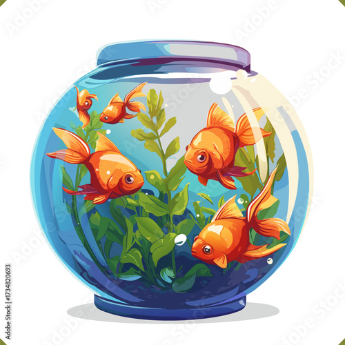 Vector illustration of goldfish in round aquarium with plants and bubbles, isolated on a white background
