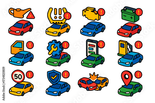 Bright Vehicle Alerts. Isometric vector illustration set Vehicle app notifications: oil change alert, tire pressure low, engine