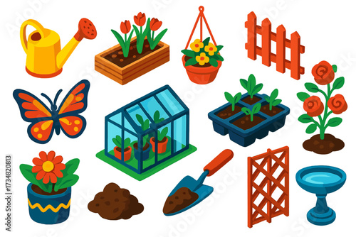 Flower Gardening Icons. Isometric vector illustration set Flower gardening: watering can, flower bed, rose bush, hanging planter,