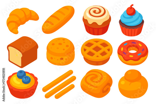 Colorful Bakery Icons. Isometric vector illustration set Bakery food: croissant, baguette, cinnamon roll, cupcake, loaf bread,