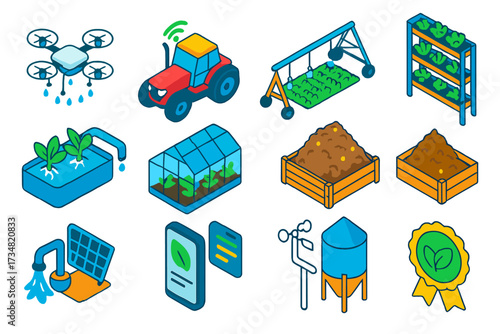 Modern Farming Icons. Isometric vector illustration set Modern farming: drone sprayer, smart tractor, irrigation pivot, vertical