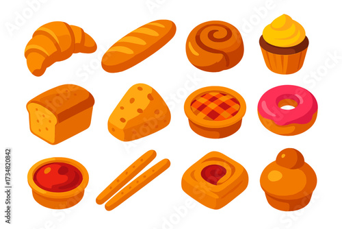 Colorful Bakery Icons. Isometric vector illustration set Bakery food: croissant, baguette, cinnamon roll, cupcake, loaf bread,