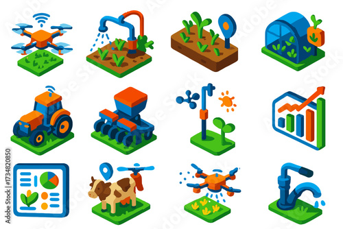 Smart Agriculture Icons. Isometric vector illustration set Smart agriculture: farm drone, automated irrigation, soil sensor, GPS