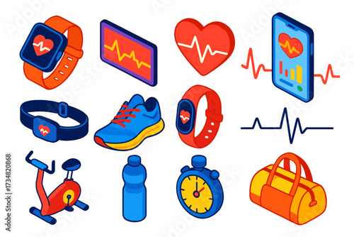 Heart Rate Fitness Icons. Isometric vector illustration set Heart rate tracking: smartwatch with pulse monitor, heart rate graph,