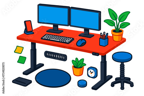 Modern Workspace Essentials. Isometric vector illustration set Standing workstation: electric sit-stand desk, dual monitor setup,