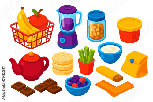Smart Snack Station. Isometric vector illustration set Smart snack station: fruit basket, smoothie maker, nut jar, oatmeal cup,