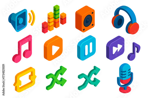 Vibrant Sound Icons. Isometric vector icon set sound control: volume wave, equalizer, speaker, headphones, music note, play button