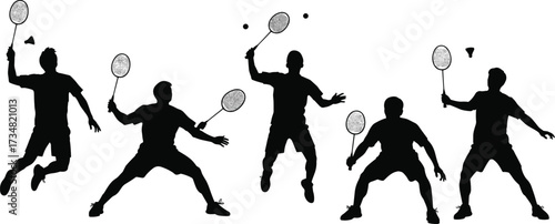 "Black Silhouette Vector Set of Five Badminton Players in Action Poses with Rackets and Shuttlecocks for Sports Design Use"