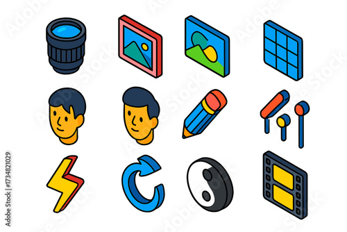 Photographer Icon Kit. Isometric vector icon set photographer kit: camera lens, photo frame, gallery mountain, portrait face,
