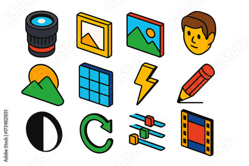 Photographer Icon Kit. Isometric vector icon set photographer kit: camera lens, photo frame, gallery mountain, portrait face,