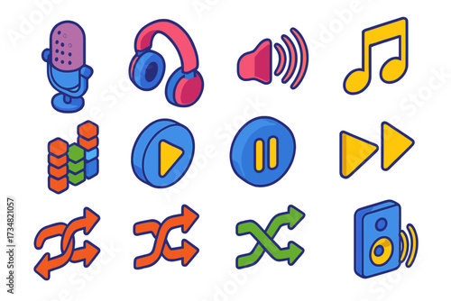 Podcast Streaming Icons. Isometric vector icon set podcast streaming: podcast mic, headphones, music note, volume wave, equalizer,