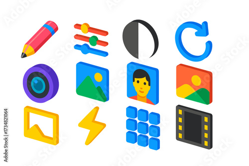 Bold Editing Icons. Isometric vector icon set editing tools: edit pencil, filter sliders, contrast circle, rotate arrow, camera
