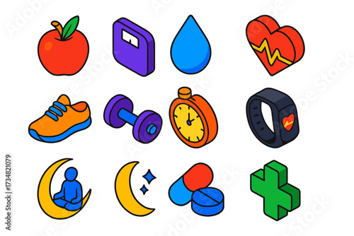 Healthy Routine Icons. Isometric vector icon set healthy routine: food apple, weight scale, water drop, heart rate, running shoe,