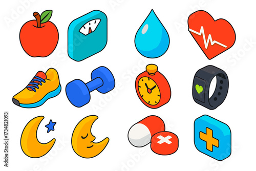 Healthy Routine Icons. Isometric vector icon set healthy routine: food apple, weight scale, water drop, heart rate, running shoe,