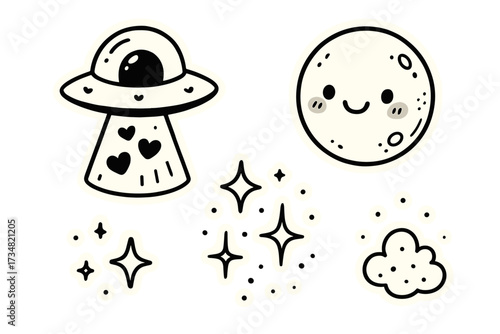 UFO Heart Beams. Vector doodle stickers: UFO beaming up hearts, smiling moon, tiny cosmic dust, adorable style, white outline
