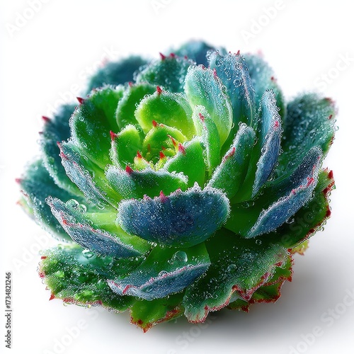 Close-up of a Dewy Green Succulent with Red Tipped Leaves on White