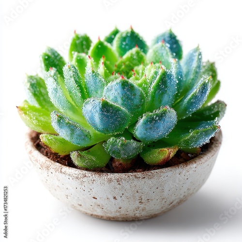 Echeveria Succulent in Ceramic Pot with Water Droplets on White Background