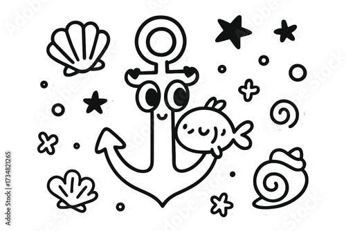 Whimsical Nautical Stickers. Vector doodle stickers: anchor with eyes, tiny fish hugging it, seashell decorations, cute doodle