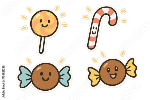 Cheerful Candy Doodles. Sweet doodle stickers: lollipops glowing, candy canes smiling, wrapped chocolates with eyes, cheerful