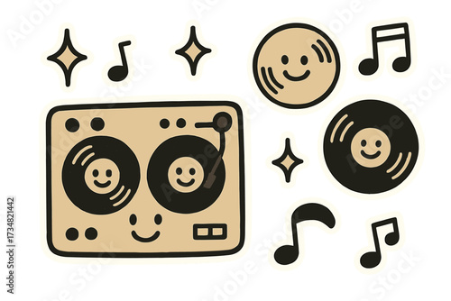 Cute Musical Doodles. Cute doodle stickers: DJ turntable with eyes, spinning records as smiling faces, tiny notes sparkling,