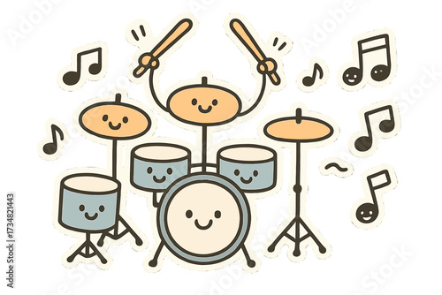 Smiling Drum Set Stickers. Adorable doodle stickers: drum set with smiling faces, drumsticks waving, musical notes jumping, doodle
