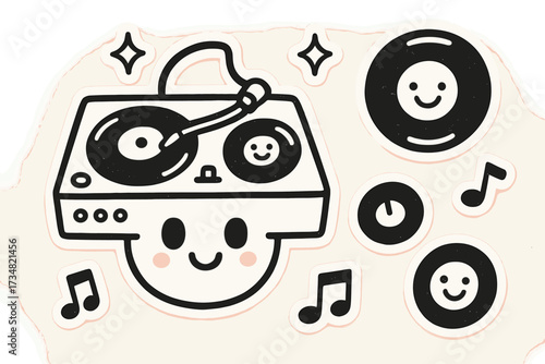 Cute Musical Doodles. Cute doodle stickers: DJ turntable with eyes, spinning records as smiling faces, tiny notes sparkling,