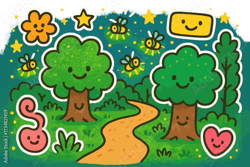Cheerful Forest Doodles. Bright doodle stickers: forest path with smiling trees, fireflies glowing like stars, cheerful doodle