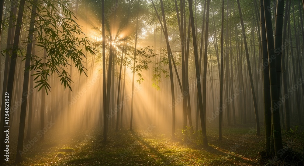 Obraz premium Sunlight streaming through misty forest trees in the morning.