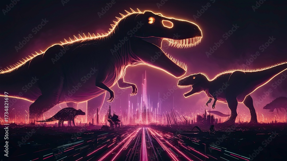 Naklejka premium Dinosaurs in Neon Cyberpunk City
