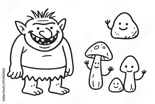 Whimsical Doodle Stickers. Funny doodle stickers: troll with a smiling face, tiny rocks and mushrooms waving, simplified doodle