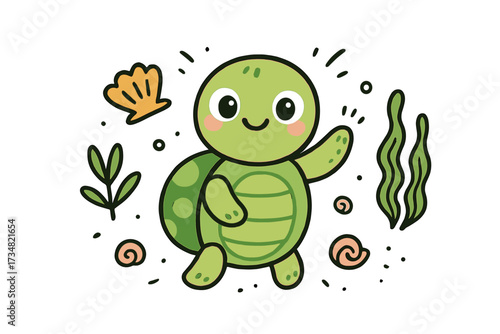 Cheerful Doodle Stickers. Cheerful doodle stickers: turtle with eyes, tiny shells and sea plants waving, playful doodle details,