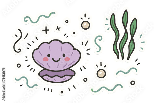 Whimsical Sea Doodle. Whimsical doodle stickers: smiling clam, tiny pearls and seaweed floating, playful doodle details, white