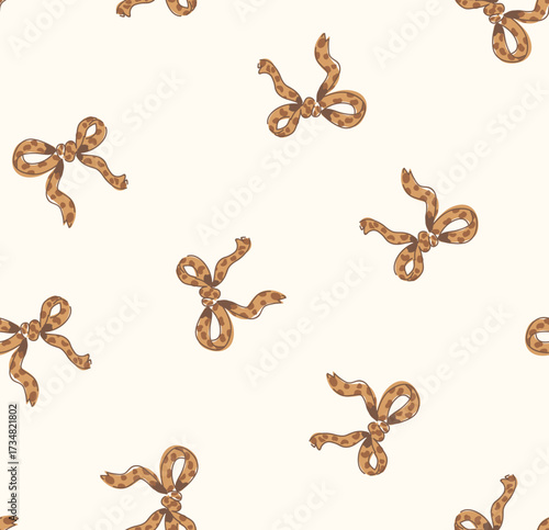 seamless bow pattern with leopards print bow hand drown, trending print, background beige background girls t-shirts and sweattop and dress etc.