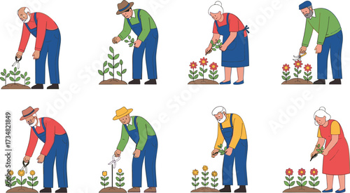 "Cartoon Vector Set of Elderly People Gardening with Tools and Flowers for Healthy Aging, Nature Care, and Leisure Activity"