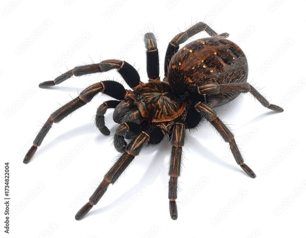 Fototapeta premium Detailed studio shot of a tarantula spider isolated against a clean white backdrop