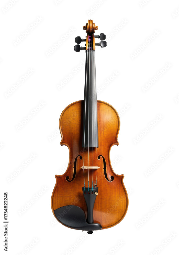Fototapeta premium Violin, rich brown wood, dark fingerboard, f-holes, isolated on transparent studio background, soft shadow, copy space, concept of musical artistry and craftsmanship