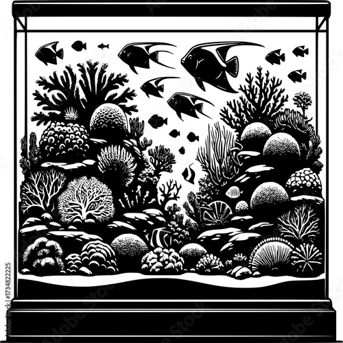 Underwater Paradise: An artistic representation of an underwater scene, featuring a variety of vibrant coral and diverse fish silhouettes, all neatly contained within a glass aquarium.