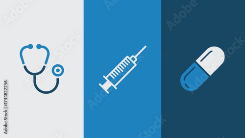 Medical icon set with stethoscope syringe and pill simple flat vector design element for healthcare and pharmaceutical concepts isolated on white and blue background
