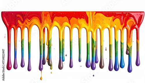 Rainbow paint dripping, isolated. Art projects, creativity, mess, colorfulness