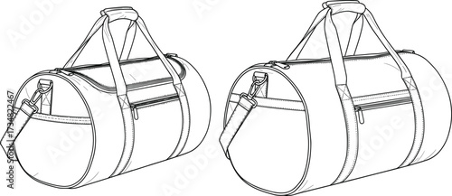 "Detailed line drawings of cylindrical duffel bags with handles, shoulder straps, and zippered compartments for product design and catalog use"