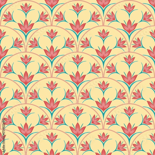 Seamless pattern of scallops decorated with floral and leaf patterns